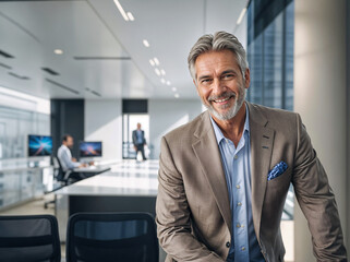 Obraz premium portrait of a successful businessman consultant looking at camera and smiling inside modern office