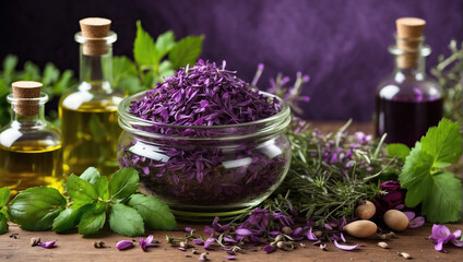 Obraz na płótnie Canvas Lavender Oil and Herbs for Health Care and Treatment Spa, using Generative ai
