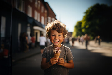 Fototapeta premium Little blonde child with curlers having an ice cream. Generative ai image.