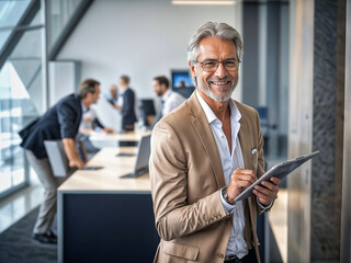 Fototapeta premium portrait of a successful businessman consultant looking at camera and smiling inside modern office
