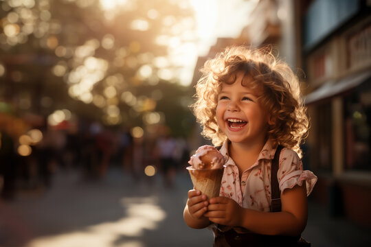 Little blonde girl with curlers having an ice cream. Generative ai image.