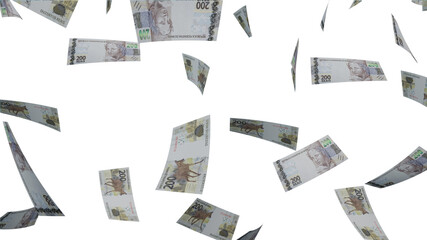 Several banknotes of money flying  on a white background. 200 reais. Money from Brazil. 3d rendering.
