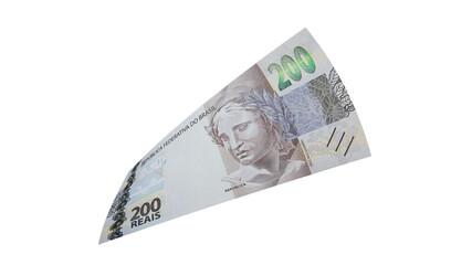 200 reais flying alone on a white background. Money from Brazil. 3d render.