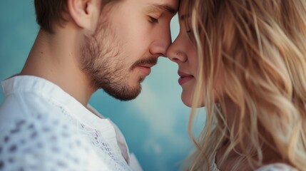 Naklejka premium couple sharing a romantic moment, in front of a dreamy pastel blue studio background generative ai