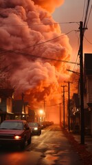Urban Firestorm. Smoke billows over street as fire rages in urban area at dusk.