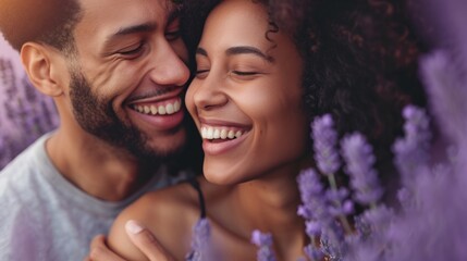 Close-up of a happy couple sharing a moment of laughter, set against a romantic lavender studio background generative ai