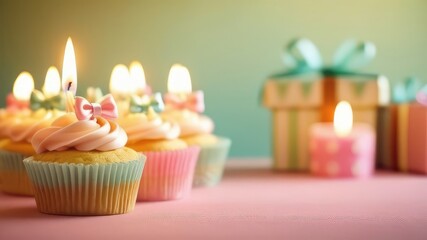 Obraz na płótnie Canvas Birthday concept.Festive multi-colored cakes with candles and gift boxes in a cozy atmosphere on a pink table on a light green background