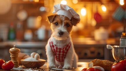 A small dog wearing a chef's hat sitting on top of some food, AI