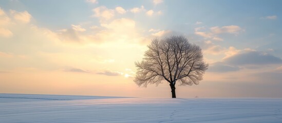 Panoramic a lonely tree on a sunset winter with a beautiful sky background landscape. AI generated