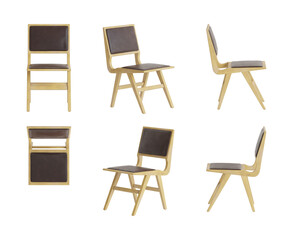 Set of six views of a light wooden chair with a dark brown leather seat and back isolated on a transparent background. Front view, top view, two sides, and two perspectives. 3d render