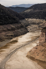 dry river landscape, climate change, climate change crisis, drought - obrazy, fototapety, plakaty