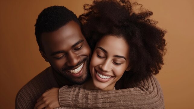 Close-up shot of a happy couple embracing, surrounded by a warm brown studio background, generative ai