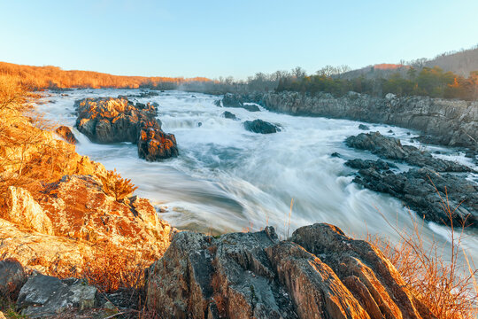 View of the Great Falls of the Potomac River at winter sunrise