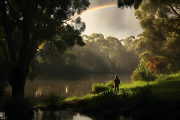 Silhouette of a person standing by a calm river, observing a faint rainbow