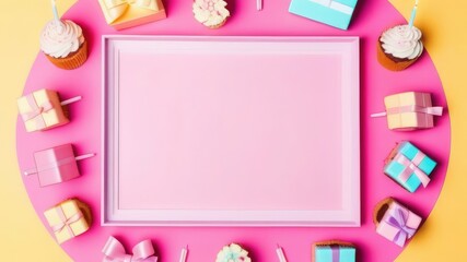 Fototapeta na wymiar Birthday concept. Festive colorful cakes around a frame on a pink background.Copy space