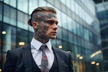 Portrait of unconventional tattooed stylish brutal man in a oficial suit. Modern hipster businessman with a tattoo. Business concept