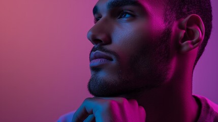 Close-up of a man in a thoughtful pose, in front of a purple studio background generative ai