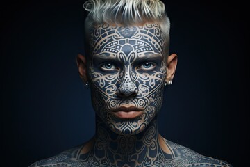 Brutal handsome gangster man with tattooed face. Young tattooed rap singer or break dancer on dark blue background. Hipster style - obrazy, fototapety, plakaty