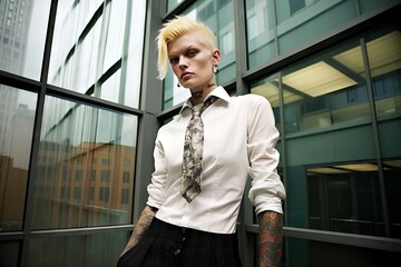 Fototapeta premium Portrait of unconventional tattooed stylish brutal man in a oficial suit. Modern hipster businessman with a tattoo. Business concept