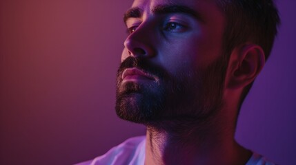 Close-up of a man in a thoughtful pose, in front of a purple studio background generative ai