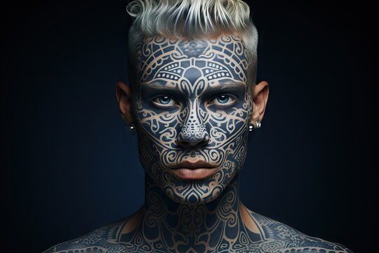 Brutal handsome gangster man with tattooed face. Young tattooed rap singer or break dancer on dark blue background. Hipster style