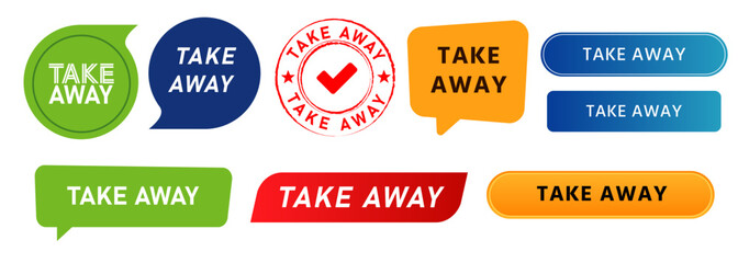 take away stamp speech bubble and button service store takeout drink or food