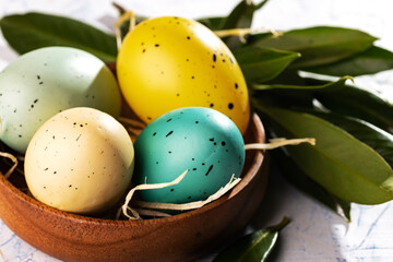 Easter eggs lie in the nest. View from above.