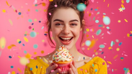 Obraz na płótnie Canvas Close-up shot of a young woman with a joyful expression, surrounded by vibrant confetti, holding a cupcake generative ai