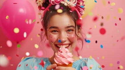 Close-up shot of a young woman with a joyful expression, surrounded by vibrant confetti, holding a cupcake generative ai