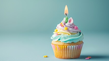 lovely unicorn themed cupcake with pastel colored frosting and a single candle generative ai