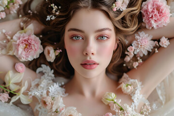 Fototapeta premium Beautiful woman lying in flowers. Fantasy girl portrait. Skincare and spa procedure concept. Perfect skin, neutral makeup. Natural beauty and health. Background for design card, banner, flyer, poster