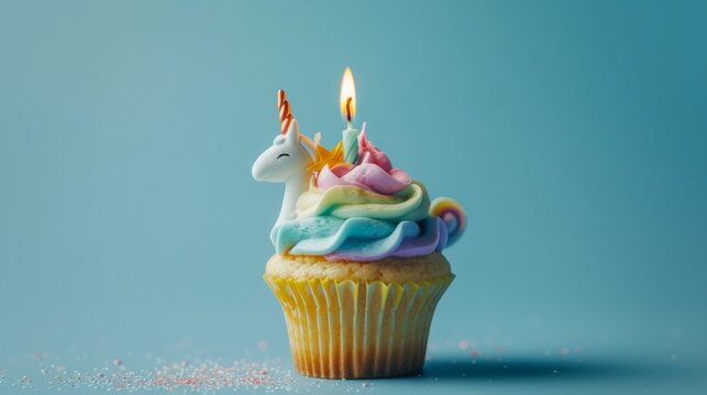 lovely unicorn themed cupcake with pastel colored frosting and a single candle generative ai
