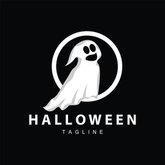 Spooky Ghost Logo, Simple Halloween Cartoon Devil Design Illustration Template Black Background