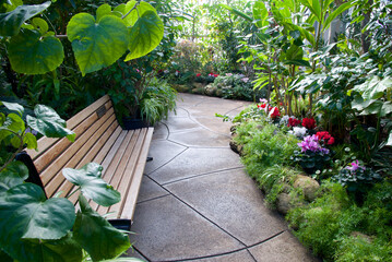 Obraz premium A park bench inside a conservatory.