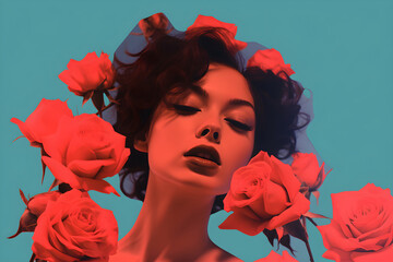Vintage portrait of beautiful woman with red roses. Valentine's Day. Retro fashion concept....