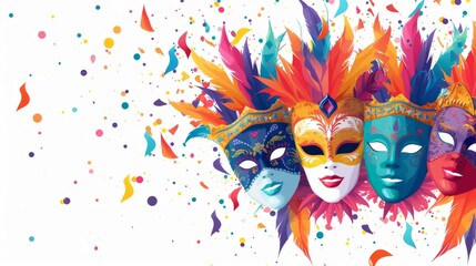 Dynamic carnival design showcasing colorful masks and playful decorations against a clean white background generative ai