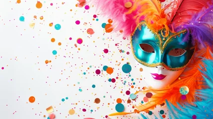 Photo sur Plexiglas Carnaval Dynamic carnival design showcasing colorful masks and playful decorations against a clean white background generative ai