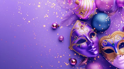 Cercles muraux Carnaval Dynamic carnival design with energetic masks and festive ornaments against a captivating lavender background, generative ai