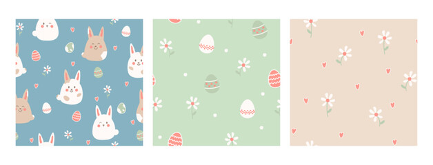 Set of seamless patterns for Easter with bunnies and Easter eggs