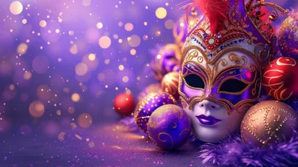 Photo sur Plexiglas Carnaval Dynamic carnival design with energetic masks and festive ornaments against a captivating lavender background, generative ai