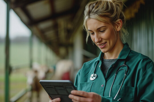 A female veterinarian in a green coat smiling as she uses a tablet on a cattle farm. - Powered by Adobe