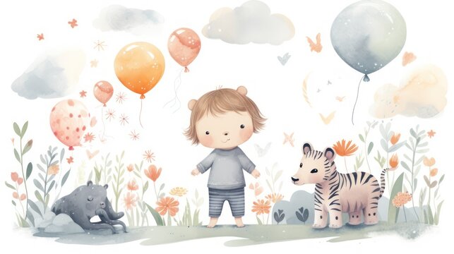 Children's cartoon design with animals, pastel painting art for bedroom walls or book covers, cute and adorable.	
