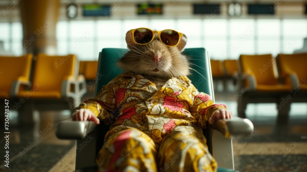 Sticker A rat wearing sunglasses and a yellow shirt sitting in an airport chair, AI