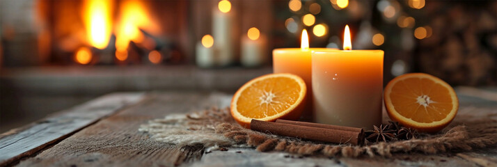 Candles glowing warmly beside halved oranges on a rustic wooden table with a fireplace in the background.