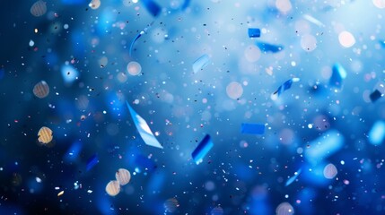 Dynamic royal blue bokeh confetti gently cascading on a deep blue background, generative ai