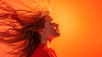 Dynamic studio capture of a woman in motion, surrounded by a bold orange background, generative ai