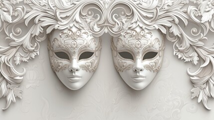 Elegant carnival design showcasing sophisticated masks and ornaments on a timeless white background, generative ai