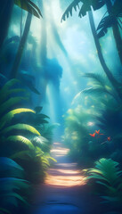 Obraz premium Tropical Rainforest. Jungle. Greenery. Lush. Biodiverse. Nature. Wildlife. Flora. Fauna. Dense. Canopy. Ecosystem. Exotic. Humid. Vibrant. Tropical Climate. AI Generated.