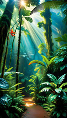 Naklejka premium Tropical Rainforest. Jungle. Greenery. Lush. Biodiverse. Nature. Wildlife. Flora. Fauna. Dense. Canopy. Ecosystem. Exotic. Humid. Vibrant. Tropical Climate. AI Generated.