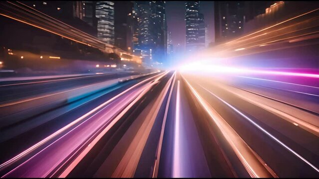 Light and stripes moving fast over dark background and are reflected in the road surface Technology and science background 3D render 4k loop animation City life urban scene car light trails